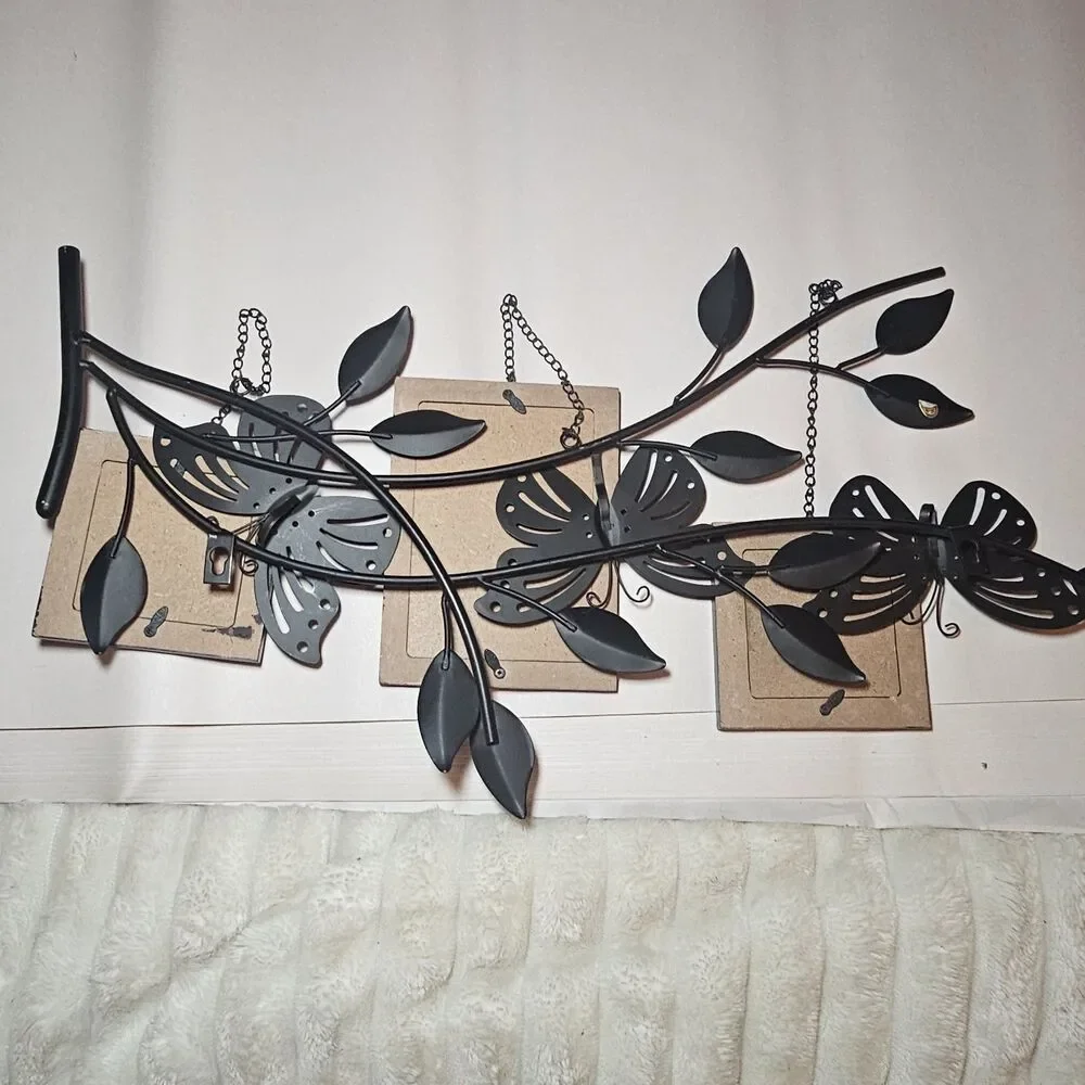 Dark Brown Tree Branch Metal Butterfly 3 Photo Frame Wall Hanging